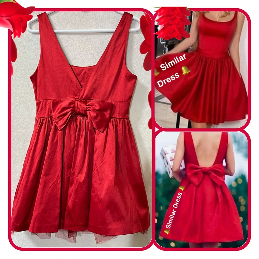 XXI. Elegant Bow Embellished Back Fit & Flare A-line Red Satin Mini Dress M